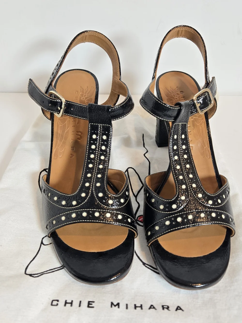 Chie Mihara Black Patent Leather Studded Block Heel Sandals - Picture 2 of 6